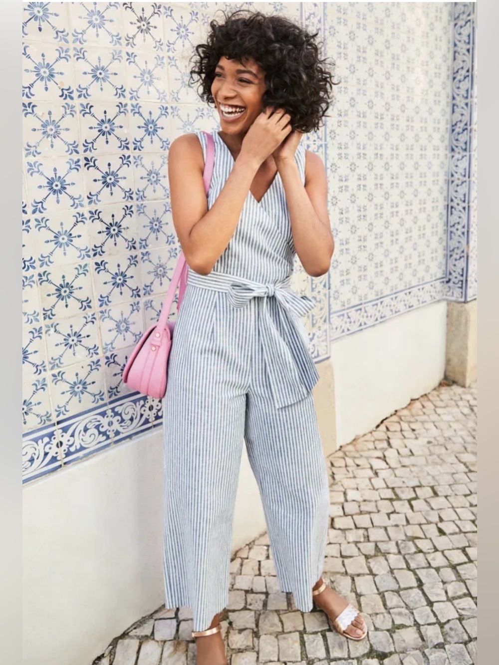 Boden Striped V-Neck Wide-Leg Jumpsuit with Tie Waist - Blue/White